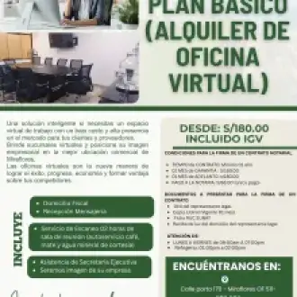 ALQUILER DE OFICINA VIRTUAL UBICADO EN MIRAFLORES
