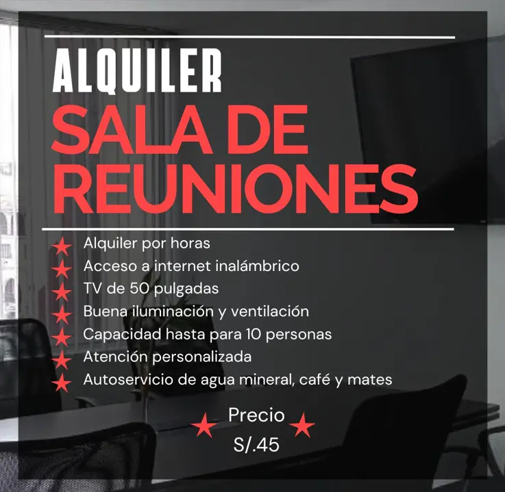  Alquila nuestra Sala de Reuniones por horas desde 45 soles 
